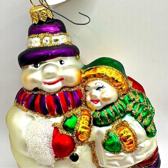 VTG Fraga Snowman & Child Christmas Ornament Glass BLOWN Glitter Art 5.5” POLAND - Picture 2 of 2